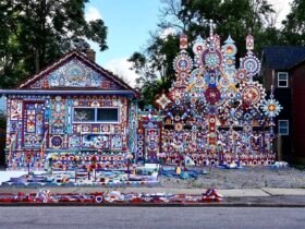 an extravagantly decorated house in New York, home to Prophet Isaiah Robertson, who turned the entire structure into an artwork in myriad colors with large pinwheel-like sculptures and paintings