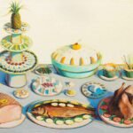 a painting by Wayne Thiebauld of a meal spread with dishes of fish, ham, chicken, appetizers, and desserts in pastel oil paint