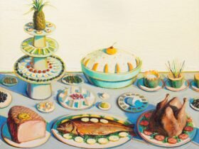 a painting by Wayne Thiebauld of a meal spread with dishes of fish, ham, chicken, appetizers, and desserts in pastel oil paint