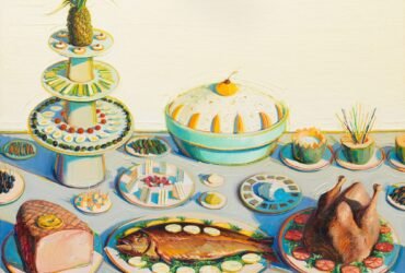 a painting by Wayne Thiebauld of a meal spread with dishes of fish, ham, chicken, appetizers, and desserts in pastel oil paint