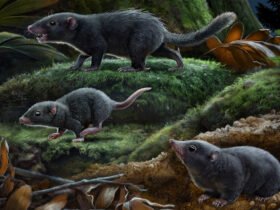 An illustration of small rodentlike mammals on a dense, lush forest floor