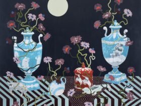 a still life with textured flowers held in blue ornate vessels on a striped tabletop