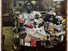 a collage of black and white photos and colorful textiles in a carved wooden frame. the photo depicts a mother and her childern