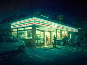 a convenience store glows at night