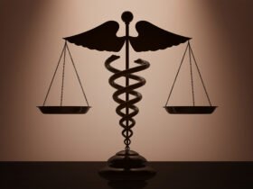 A medical caduceus with scales, silhouetted against a dimly lit, tan background