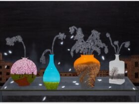 a horizontal acrylic painting featuring four vases in a row, on a table, all of which contain landscapes in different colors as if they are portals