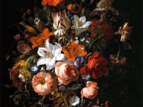 a colorful Dutch still life of flowers on a black background