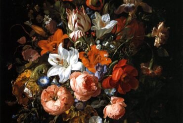 a colorful Dutch still life of flowers on a black background