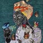 a hand-tufted embroidery composition of a Black woman with a scarf on her head, surrounded by butterflies