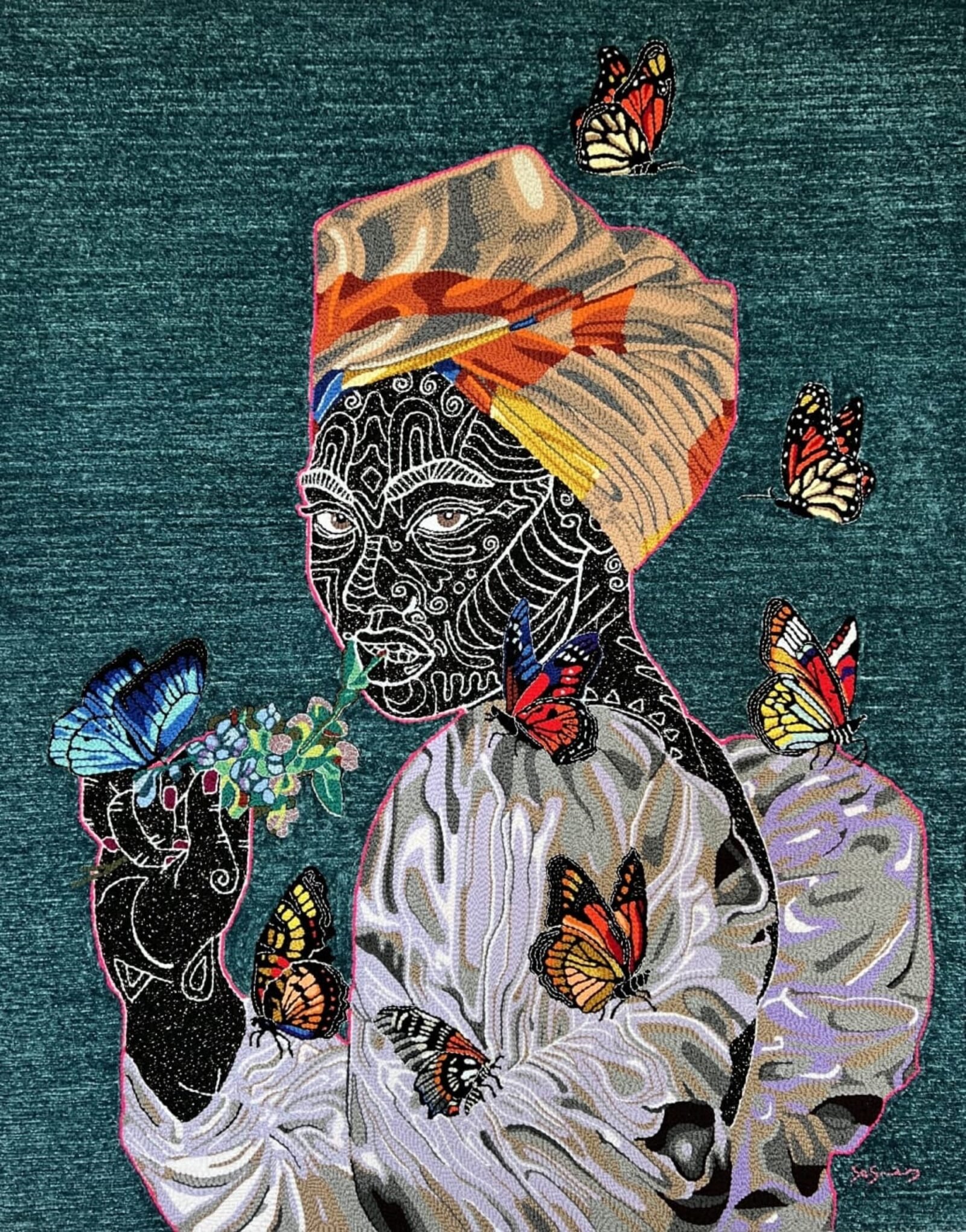 a hand-tufted embroidery composition of a Black woman with a scarf on her head, surrounded by butterflies