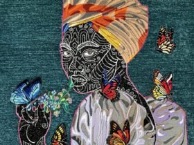 a hand-tufted embroidery composition of a Black woman with a scarf on her head, surrounded by butterflies