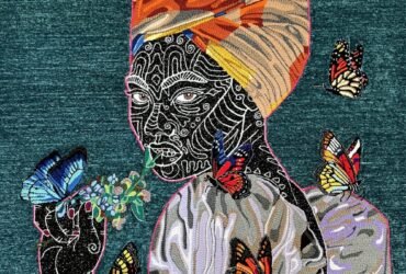 a hand-tufted embroidery composition of a Black woman with a scarf on her head, surrounded by butterflies