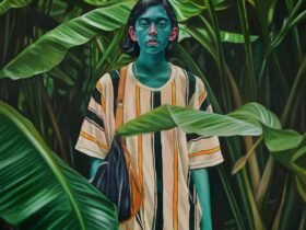 a vertical painting of a figure wearing a striped top, standing amongst tall tropical foliage