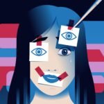 Crying woman with smiling stickers on the face. Deepfake, sexual harassment in internet, digital sex crime concept. Vector illustration.