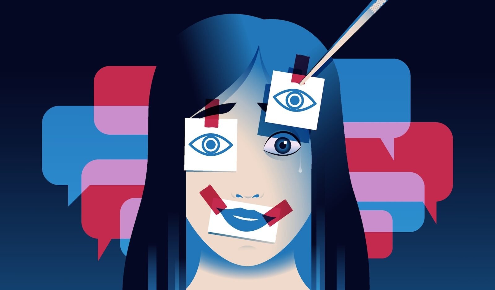 Crying woman with smiling stickers on the face. Deepfake, sexual harassment in internet, digital sex crime concept. Vector illustration.