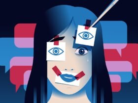 Crying woman with smiling stickers on the face. Deepfake, sexual harassment in internet, digital sex crime concept. Vector illustration.