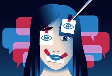 Crying woman with smiling stickers on the face. Deepfake, sexual harassment in internet, digital sex crime concept. Vector illustration.