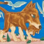 a brown dog carries a pup in its mouth while blue birds fly overhead