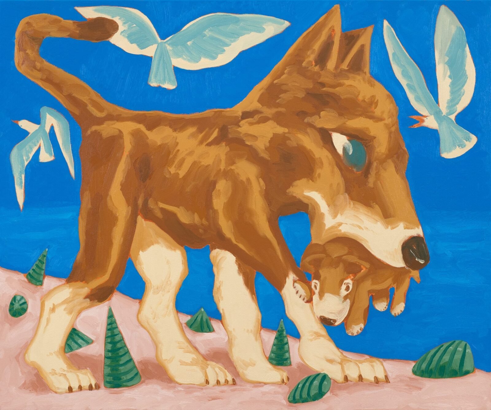 a brown dog carries a pup in its mouth while blue birds fly overhead