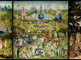 'The Garden of Earthly Delights,' a painting by Hieronymus Bosch, featuring three panels depicting Creation and Adam and Eve, a central panel thought to suggest what the world would be like if the Temptation had never happened, with numerous figures and uncanny events happening, and a third panel depicting Hell with monstrous figures and darkness