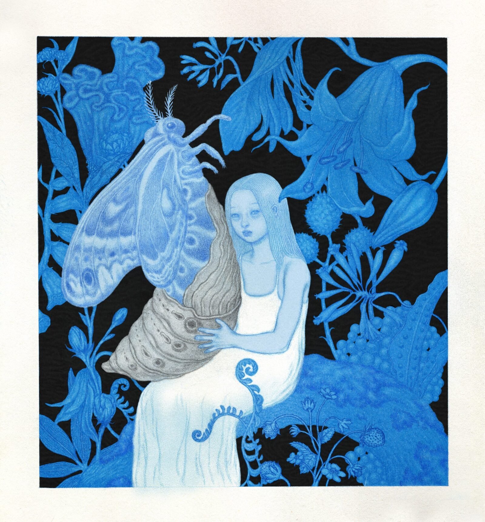 an illustration in blue, black, and white or a young woman seated against a floral background, holding a large pupa as a moth emerges from it