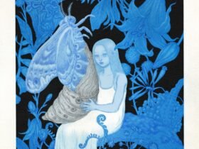 an illustration in blue, black, and white or a young woman seated against a floral background, holding a large pupa as a moth emerges from it