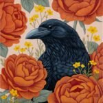 a crow is surrounded by orange roses