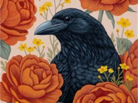 a crow is surrounded by orange roses