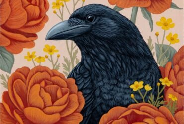 a crow is surrounded by orange roses