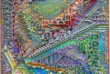 a colorful abstract lego composition within a wooden frame