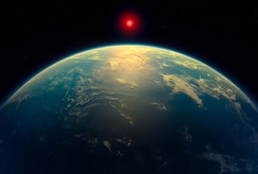 A view of a blue planet from space, with sunlight illuminating its atmosphere and clouds, and a glowing red star visible in the distance against a backdrop of stars.