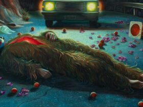 a furry figure lies on the roadway with their chest split open and car headlights illuminating the darkened scene