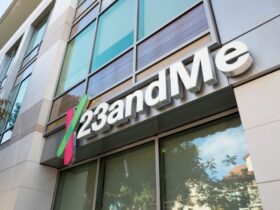 Low-angle view of logo on facade of personal genomics company 23AndMe in the Silicon Valley town of Mountain View, California, October 28, 2018. (Photo by Smith Collection/Gado/Getty Images)