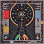a square composition comprising esoteric symbols, prismatic gradients, astronomical forms, and other geometric or alphabetic shapes
