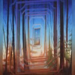 a painting of woods at dusk or twilight with a metaphysical arched reflection and lightforms around a window