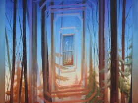 a painting of woods at dusk or twilight with a metaphysical arched reflection and lightforms around a window
