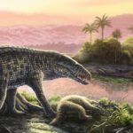 In this illustration, a crocodile-looking creature stands over its prey, a ground sloth. Unlike a crocodile, this reptile has long straight legs.