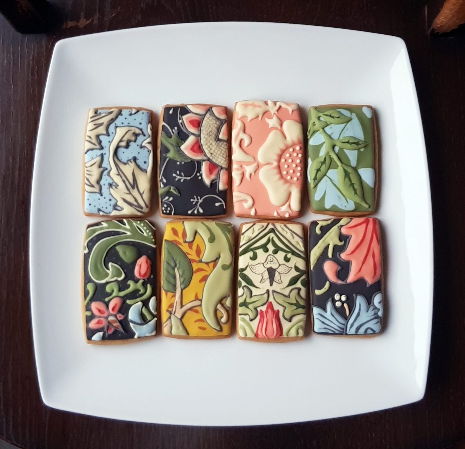 rectangular cookies with william morris colorful floral patterns