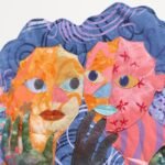 detail of a textile portrait of two women in vivid, patterned fabrics