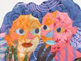 detail of a textile portrait of two women in vivid, patterned fabrics