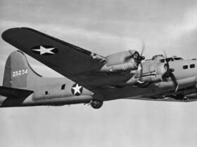 circa 1942: A U.S. Air Force B-17 'Flying Fortress' bomber flies through the sky, World War II. The aircraft was used extensively in Allied air raids, such as those against Hamburg and Dresden, and battles against German aircraft. (Photo by R. Gates/Hulton Archive/Getty Images)