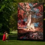 two people look up at a large digital installation of a computer-animated oak tree, set in a botanical garden