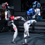 two robots fighting. one is throwing a kick