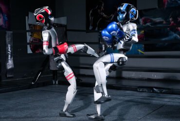 two robots fighting. one is throwing a kick