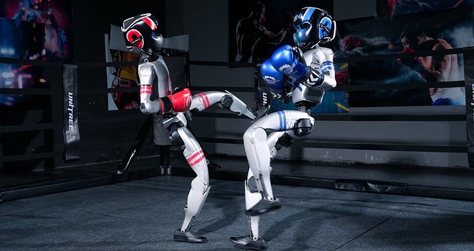 two robots fighting. one is throwing a kick