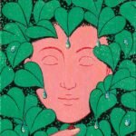 in a bold palette of colors, a figure rests with its eyes closed, their finger holding up a ladybug, and many leaves surrounding their face.