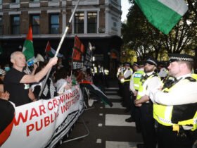 Protesters gather outside the Israeli embassy party in the British Museum
