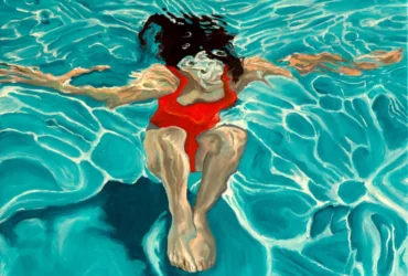 Painting of girl underwater in a pool. Her body and red bathing suit is distorted by the blue water.