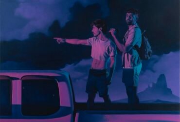 a detail of a painting of two male figures at night, standing together in the bed of a pickup truck and looking toward something just out of the frame