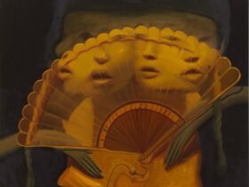 an abstracted painting composition of a fan with four faces merged with it or behind it, set against a dark background